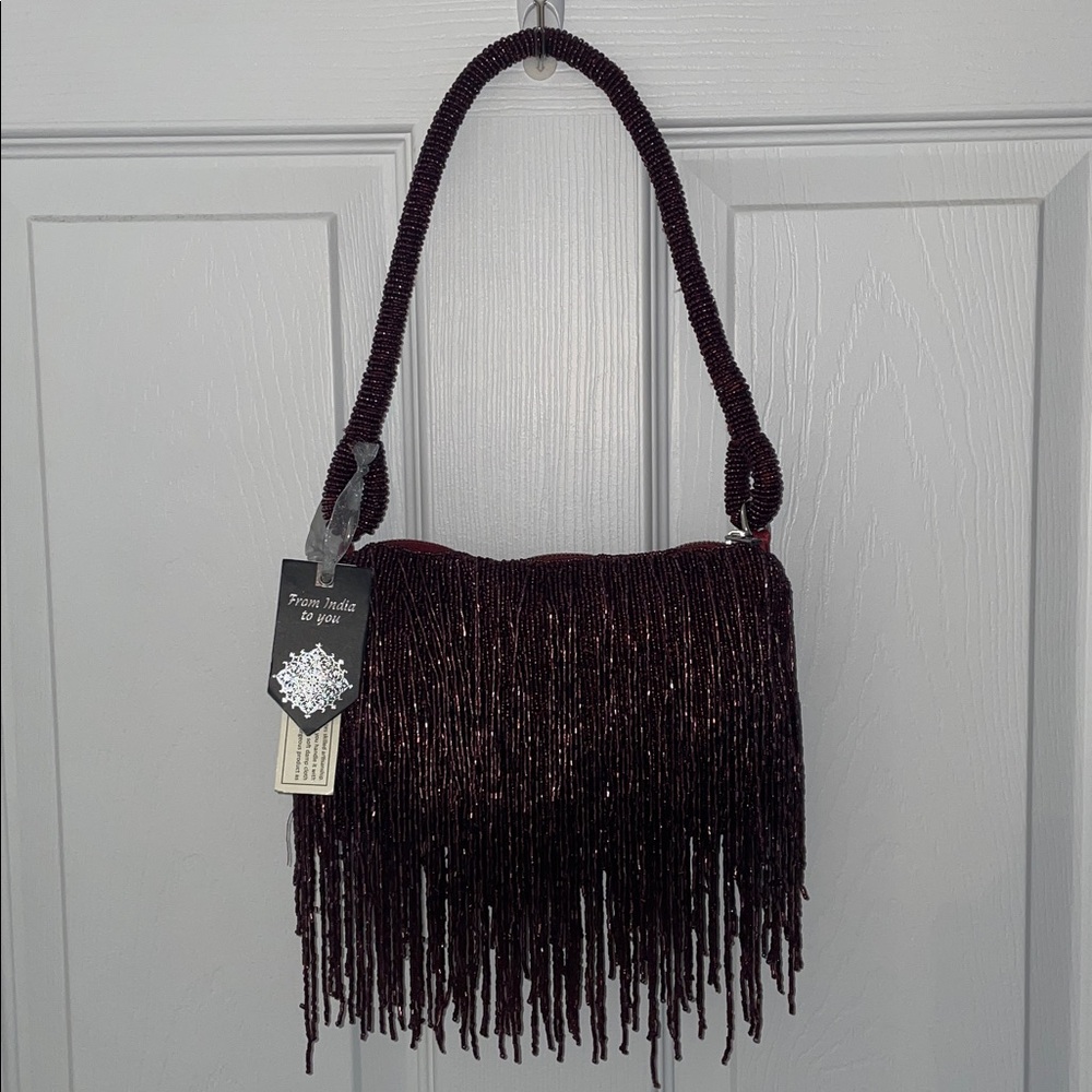Viral Deep Berry Beaded Fringe Evening Bag NWT